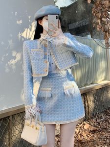 Two Piece Dress High Quality Small Fragrance Tweed Two Piece Sets Women Outfits Fashion Sweet Short Jacket Coat Mini Skirt 2 Piece Suits 230316