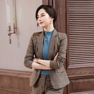 Women's Suits Blazers IZICFLY Style High Quality Coffee Plaid Spring Fall Elegant Blazer Suits With Pant Set Woman 2 Pieces Business OL Work Wear 230316