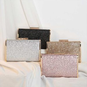 Evening Bags Luxury Gold Sequin Bag Women's Wedding Box Clutch Designer Diamond Chain Handbag Bridal Small Party Purse B443Evening