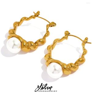 Creolen Yhpup Bright Shell Pearl Metal Twist Edelstahl 18k Gold Farbe Textur Ungewöhnlicher Frauen Charm Modeschmuck