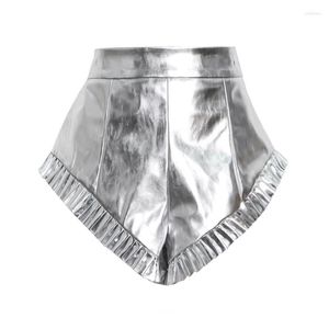 Damen-Shorts, silberfarben, lässig, kurz, für Damen, Persönlichkeit, hohe Taille, hinten, Reißverschluss, gerüscht, minimalistisch, weiblich, Sommer, schicke Kleidung, stilvoll, S-XL