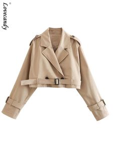 Women's Jackets Women's Cropped Trench Khaki Lapel Collar Jackets Coat Female Long Sleeve With Belt Single Button Short Jacket Spring Streetwear 230316