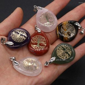 Pendant Necklaces Natural Stone Pendants Water Drop Tree Of Life Printed Tiger Eye Crystal For Jewelry Making Diy Necklace Earring Women