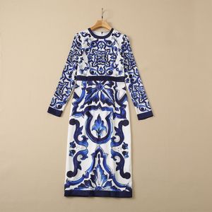 Summer Fall Long Sleeve Round Neck Dress 16mm Blue Paisley Print Natural Real Silk Mid-Calf Elegant Casual Dresses 22Q242142