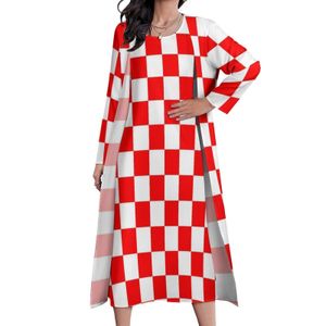 Casual Dresses Croatian Checkerboard Dress Red White Square Cute Maxi Dress Street Fashion Boho Beach Long Dresses Long Sleeve Graphic Vestidos 230316