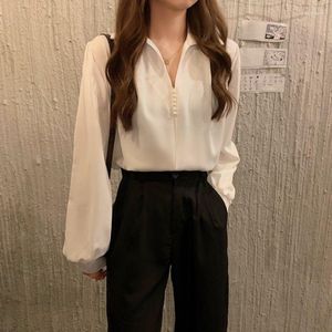 Women's Blouses Women Spring Fall V-Neck White Elegant Loosen Shirts Fashion Pearl Design Black Formal Chiffon Tops Long Sleeve Clothes