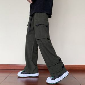 Mäns byxor Autumn Winter Men's Parachute Cargo Pants Corduroy Casual Long Trousers Multi-Pockets Militär Fashion Oversize Pants Black 230316