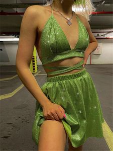 Tracksuits das mulheres Tossy Sparkly Two Piece Set Mulheres Saia e Crop Top 2023 Club Party Outfits Feminino Backless Dress Define Verde Moda