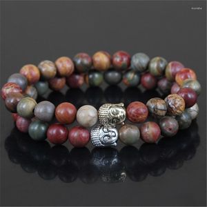 Strang 2 Stück Perlen aus natürlichem Picasso-Stein, runde Perlen, Charm-Armband für Damen, Barmherzigkeit, Buddha-Kopf, Herren, Stretch