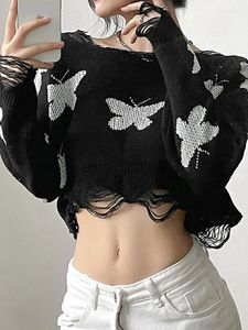 Damenpullover Goth Dark Y2k Mall Gothic Frayed Trim Loose Damen 90er Grunge Aesthetic Butterfly Crop Pullover E-Girl Strick Winter Tops