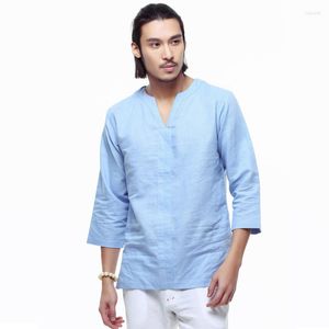 Men's T Shirts PADEGAO Retro Vintage Linen Loose Cotton Half Sleeves White Blue Male Plus Size Casual Tee Bohe