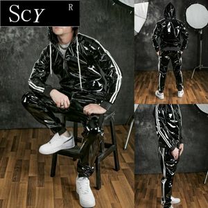 Men's Tracksuits and women's PU leather Hoodie leisure sportswear jogging men's bright 230314