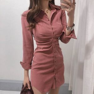 Vestidos casuais Slim Ol Retro Temperamento All-Match Pink lapela de lapela única Brested Hip Dress Mini Slim High Waist Solid vestido mujer camisas 230316