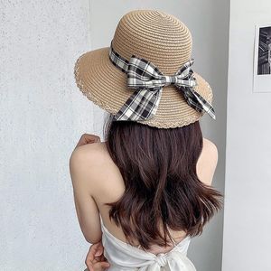 Breda brim hattar check bowknot hatt elegant dam märke halm sommar sol skuggning solskyddsmedel cap strand resor mångsidig koreansk visir