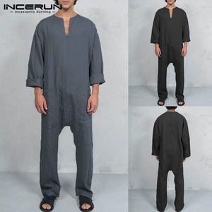 Men's Pants INCERUN Mens Jumpsuits Pockets Vintage Long Overalls Cotton Solid Casual Loose Trousers Men Muslim Islamic Clothes Kaftan