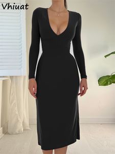 Casual Dresses Vhiuat Women Casual Long Sleeve V Neck BodyCon Midi Dresses Office Ladies Black Elegant Autumn Winter Dress Party Club Evening 230316