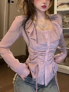 Damskie bluzki jesień różowy słodka bluzka Koreańska mody projektantka seksowna topy żeńska kwadratowa szyja Kobieta z długim rękawem Slim Casual 2023