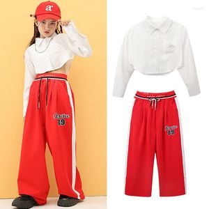 Stage Wear Girls Jazz Dance Costume Cropped Shirt Red Sweatpants Hip Hop Practice Clothing Modern Dancewear Rave Festival Outfit BL9850