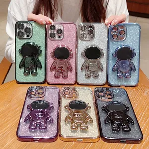 Bling Glitter Astronaut Telesplopic Folding Stand Posilanie Cameralens Flim Glass Kick -Standproof Cover dla iPhone'a 14 13 12 11 Pro Max XS XR XS Mini