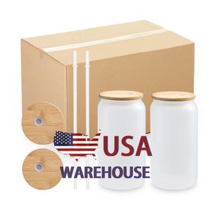 US Warehouse 16oz Mug Straight Blank Sublimation Frosted Clear Transparent Coffee Glass Cup Tumblers med bambu lock och halm SS0316