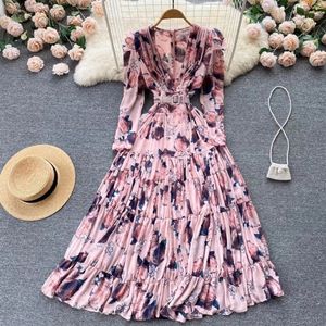 Casual Dresses Runway Elegant Autumn Chiffon Floral Dress Vintage Women Sexy Deep V Neck Flowers Print Puff Sleeve Female Belt Long Vestidos 230316