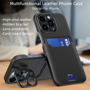 Luxury cases Leather Card Holder Slot Invisible Bracket Stand Phone Case For iPhone 15 14 13 12 Pro Max Mini Metal Lens Protective Cover samsung s22 s23 plus ultra