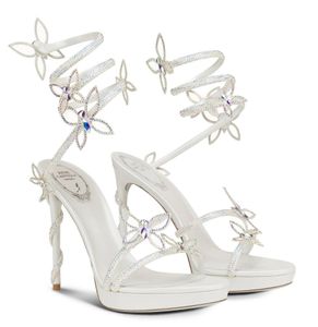 Lato luksusowe Rene Margot sandały z kryształkami buty wąż owinięte motyle z paskami wysokie obcasy Party Dress Wedding Caovilla Gladiator Sandalias EU35-43