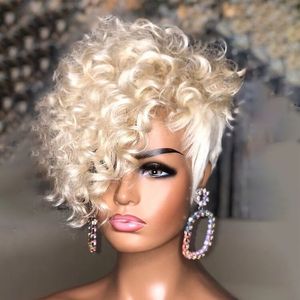 613 Blondynka kolorowe ludzkie włosy dla czarnych kobiet puszyste curl pixie cut Pixie peruka ludzkie włosy Krótkie kręcone bob koronkowe przedni peruka 8-10 cala 150%gęstość