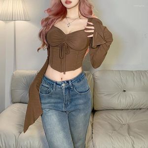 Женские рубашки T European-American Spring Women Sexy's Sexy Top Top Top Color Slim Fit Show Show Smobilic Fashion Square Plear Plected рукав