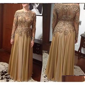 Mother'S Dresses Elegant Gold A Line Lace Bead Mother Of The Bride Plus Size Chiffon Floorlength Zipper Back Mothers Formal Evening Dhjxl