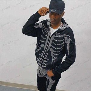 Men's Hoodies Sweatshirts American Fashion -selling Rhinestones Skeleton Print Black Y2k Gothic Long-sleeve Full Zip Hoodie Oversized T230316