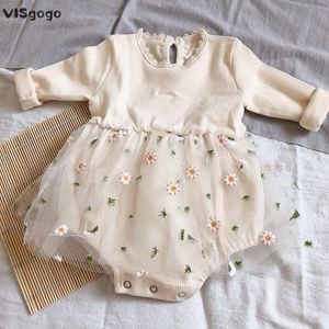 Rompers Visgogo Autumn Winter Princess Toddler Baby Girls Knit Romper Söt långärmad Crewneck Bodysuits Floral Tutu Dress 230316