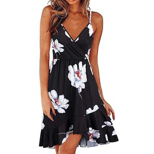 Vestidos casuais para mulheres 2023 V Neck Ruffle 4 Cores Ladies Floral Printing A-Line Dress Dating Summer Fomen's Clothing Black XXL