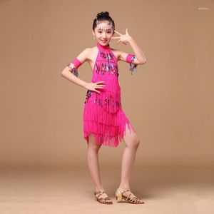 Abbigliamento da palcoscenico 8-15 anni Vestito da ballo per bambini con maniche Abiti latini colorati per ragazze Abito da ballo con frange senza schienale