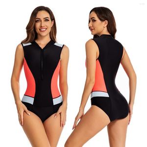 Guarda de roupas de banho feminina sem mangas guarda e feminino imprimindo zíper da frente de uma peça de traje de banho de traje de surf banheiro