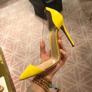 Ink Green Lemon Yellow Suede PVC Patchwork Pumpar Clear Patch High Heels Wedding Shoes Point Toe Bankettskor 0316