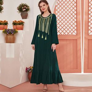 Ethnic Clothing Wepbel Hijab Muslim Abaya Women Fashion O-neck Loose Eid Islamic Ramadan Robe Tassel Gold Thread Embroidered Dress