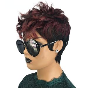 Short Human Hair Wig Ombre Burgundy Red Pixie Cut Curly Brazilian Human Hair Wigs for Black Women Virgin Full Lace Front Cheap Glueless Wig