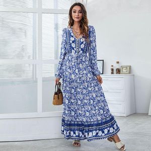 Vestidos casuais 2023 estampa floral de manga longa para mulheres porra de atacado