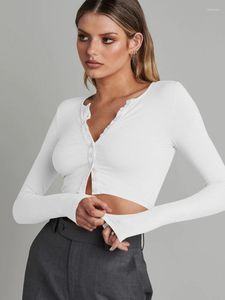 Kvinnors T -skjortor Kvinnor Y2K långärmad skördetoppar knapp ner Scoop Neck Ribbed Slim Monterad Casual Basic Top Streetwear