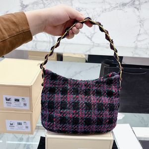 22K Womens Vintage Tweed Underarm Hobo Check Bags Purple Black Jumbo Purse Gold Metal Hardware Matelasse Chain Shoulder Handbags Large Capacity Sacoche Pocket 30CM