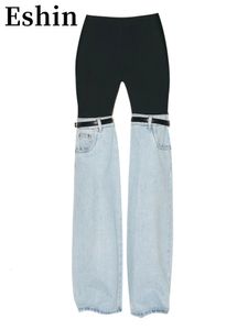 Womens Pants Capris Eshin Design Sense Splicing Jeans Spring High Waist Straight Wide Leg Fashion Personality Chic Pants Female TH1098 230314