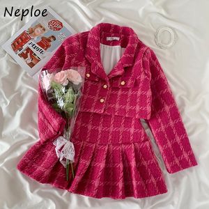 Two Piece Dress Neploe Notched Collar Plaid Skirt Suit Women Super Short Jacket Tops High Waist A-line Pleated Mini Skirts Female Two-piece 230316