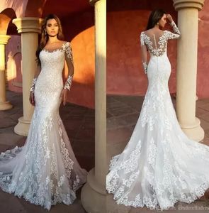 Modern Mermaid Wedding Dresses 3D Appliqued Lace Sheer Neck Long Sleeve Bridal Gowns Illusion Wedding Dress robe de BC15461