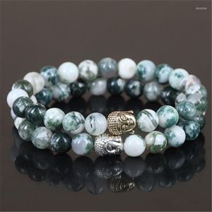 Strang 2 Stück natürlicher Baumstein, runde Perlen, Charm-Armband für Damen, Perlen, Barmherzigkeit, zwei Farben, Buddha-Kopf, Herren, Stretch