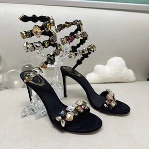 Rene Crystal lamp Snake Strass Sandals Женские высокие сандалии с украшением из крупного кристалла Роскошные дизайнеры Обувь на щиколотке с запахом для женской фабричной обуви