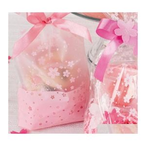Gift Wrap 100Pcs/Lot Diy Candy Cookie Biscuit Bag Clear Pink Cherry Blossoms Printed Small Plastic Packing Bags For Wedding Party Dr Dh8Xk