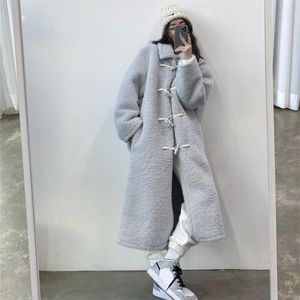 Women's Fur & Faux 2023 Winter Vintage Lapel Horn Button Women Blue Long Warm Lamb Coat Korean Sleeve Female Loose Soft Plush Outwear