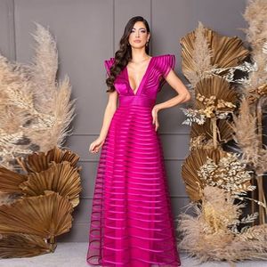 A-line Fuchsia Elegant Evening Dress Saudi Arabia V Neck Stain Backless Long Prom Party Gowns Robe de Soiree 2023 New