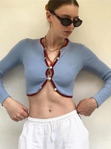 Kadın Tişörtleri Estetik Patchwork mahsulü üst vintage tek göğüslü açık uzun kollu gömlek kadın elastik ince seksi sokak kıyafeti kısa